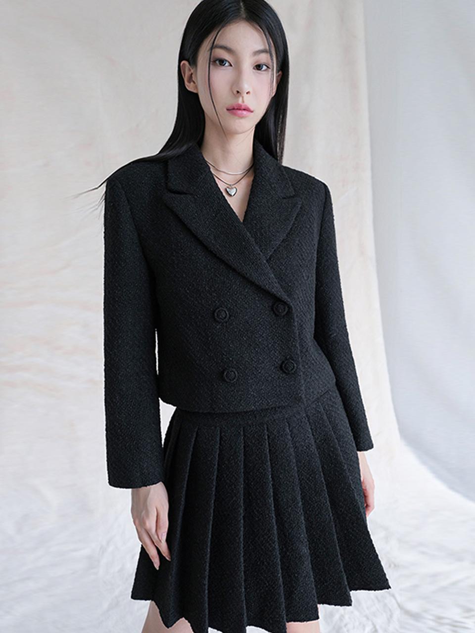 AVANDRESS Tweed Double Button Cropped Blazer [Black]