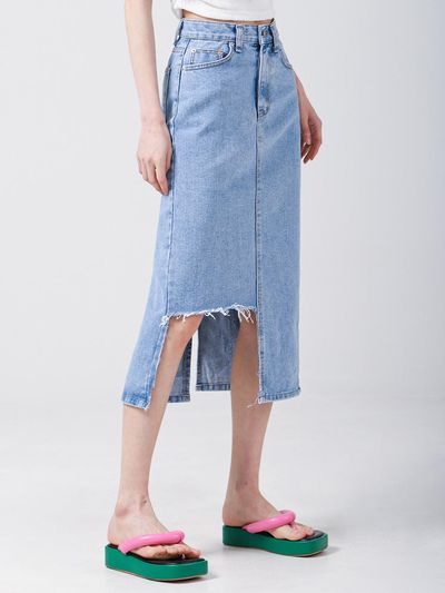 AVANDRESS Unbalanced Mid H-Line Denim Skirt [LIGHT BLUE]