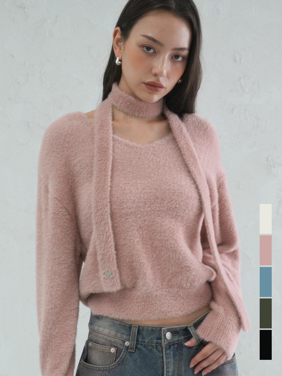 AVANDRESS V-neck Loose Fit Hairy Wing Sweater Set
