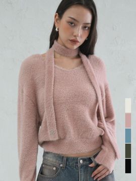 AVANDRESS V-neck Loose Fit Hairy Wing Sweater Set