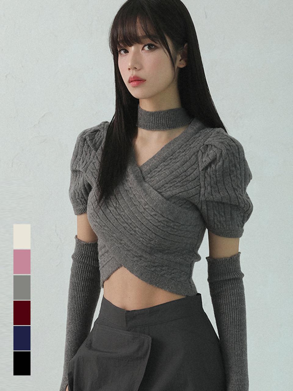 AVANDRESS V-neck Puff Sleeve Cable Knit Sweater
