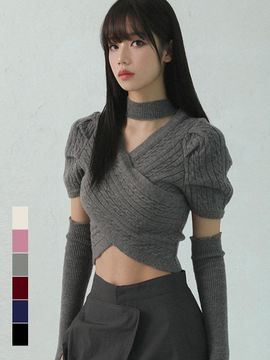 AVANDRESS V-neck Puff Sleeve Cable Knit Sweater