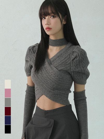 AVANDRESS V-neck Puff Sleeve Cable Knit Sweater
