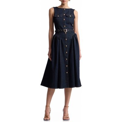 Avec Les Filles Avec Les Filles Belted Sleeveless Denim Dress