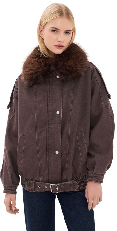 Avec Les Filles Avec Les Filles Combo Collar Belted Hem Bomber Brown