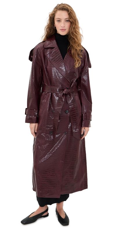 Avec Les Filles Avec Les Filles Croc-Embossed Faux Leather Belted Maxi Trench Coat Dark Red