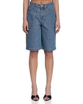 Avec Les Filles Avec Les Filles Denim Wide Leg Carpenter Cargo Shorts in Basilica Wash
