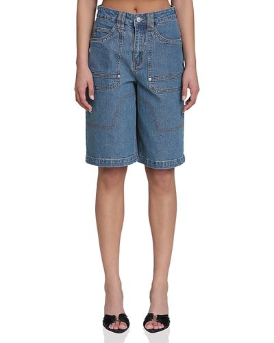 Avec Les Filles Avec Les Filles Denim Wide Leg Carpenter Cargo Shorts in Basilica Wash