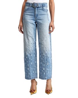 Avec Les Filles Avec Les Filles Distressed High Rise Wide Leg Belted Jeans in Martin Wash