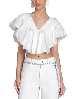 Avec Les Filles Avec Les Filles Embroidered Ruffle V Neck Crop Top