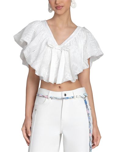 Avec Les Filles Avec Les Filles Embroidered Ruffle V Neck Crop Top