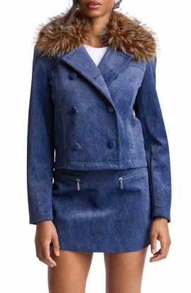 Avec Les Filles Avec Les Filles Faux Fur Collar Double Breasted Jacket