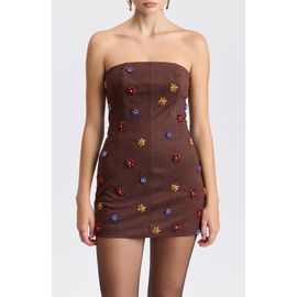 Avec Les Filles Avec Les Filles Gem Embellished Faux Suede Strapless Minidress