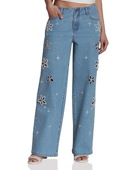 Avec Les Filles Avec Les Filles Jean Fleur High Rise Cutout Embroidered Wide Leg Jeans in Fleur Stamp Nikki Wash