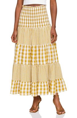 Avec Les Filles Avec Les Filles Mixed Print Tiered Cotton Gingham Maxi Skirt