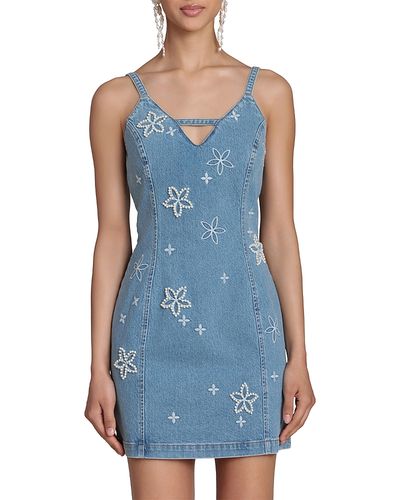 Avec Les Filles Avec Les Filles Pearl Fleur Embellished Stretch Denim Mini Dress