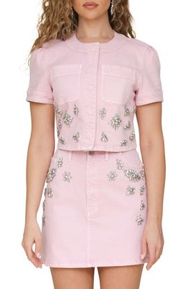 Avec Les Filles Avec Les Filles Rhinestone Embellished Short Sleeve Denim Shirt