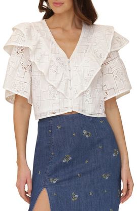 Avec Les Filles Avec Les Filles Ruffle Tiered Button-Up Crop Top