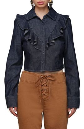 Avec Les Filles Avec Les Filles Ruffle Yoke Denim Button-Up Shirt