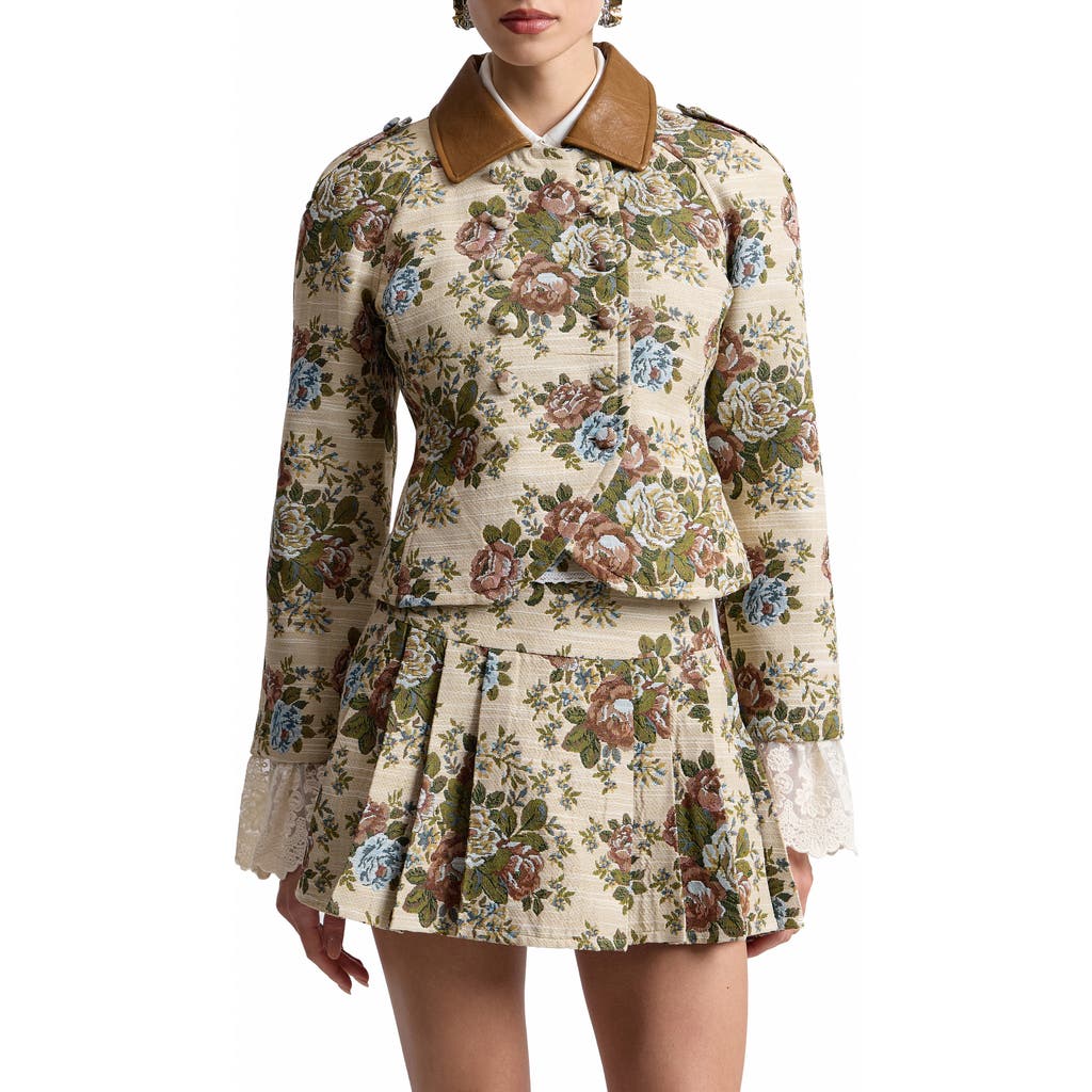 Avec Les Filles Avec Les Filles Shrunken Floral Tapestry Blazer with Faux Leather Collar