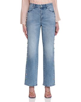 Avec Les Filles Avec Les Filles Stone Embellished Stretch Denim Wide Leg Jeans in Flutter Wash