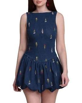 Avec Les Filles Aves Les Filles Denim Botanical Embroidery Bubble Hem Romper
