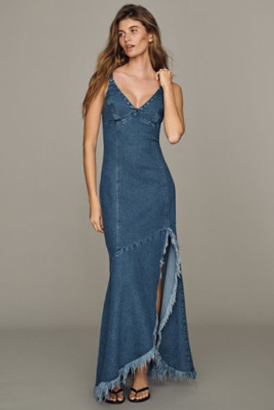Avec Les Filles Frayed Hem Denim Maxi Dress