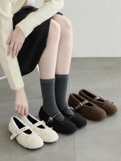 AVISPA Marion Fur Ribbon Mary Jane Flat Shoes (1cm) (F104)
