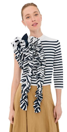 A.W.A.K.E. MODE A. W.A. K.E. MODE Fitted Knit Top with Ruffles White/Navy Striped