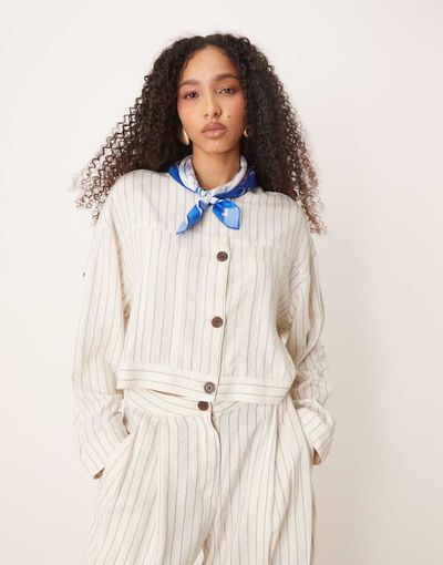 AWARE AWARE linen touch buttondown top in white pinstripe - part of a set-Blue