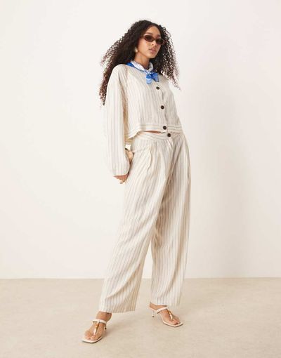 AWARE AWARE linen touch wide leg pants in white pinstripe - part of a set