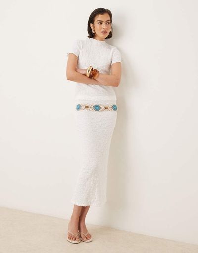 AWARE AWARE textured lettuce edge midi skirt in white - part of a set
