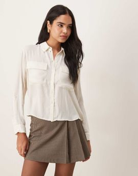 AWARE AWARE utility style long sleeve shirt with fold up cuff details in cream-White