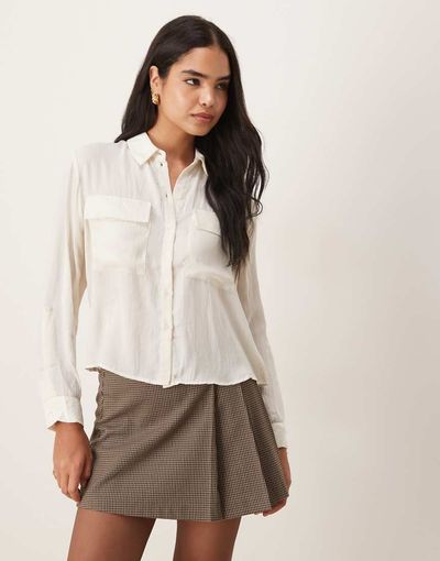 AWARE AWARE utility style long sleeve shirt with fold up cuff details in cream-White