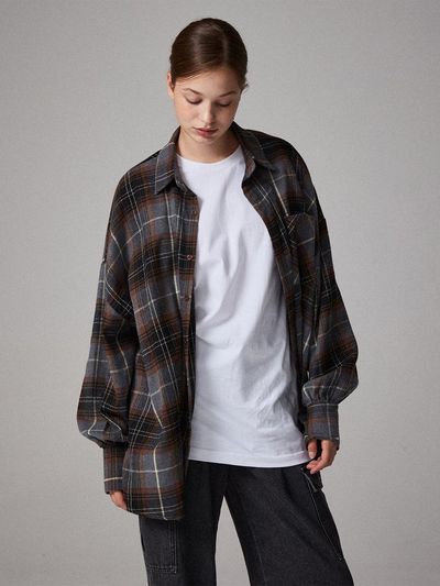 Awesomestudio Big Checkered Oversized-Fit Shirt Charcoal