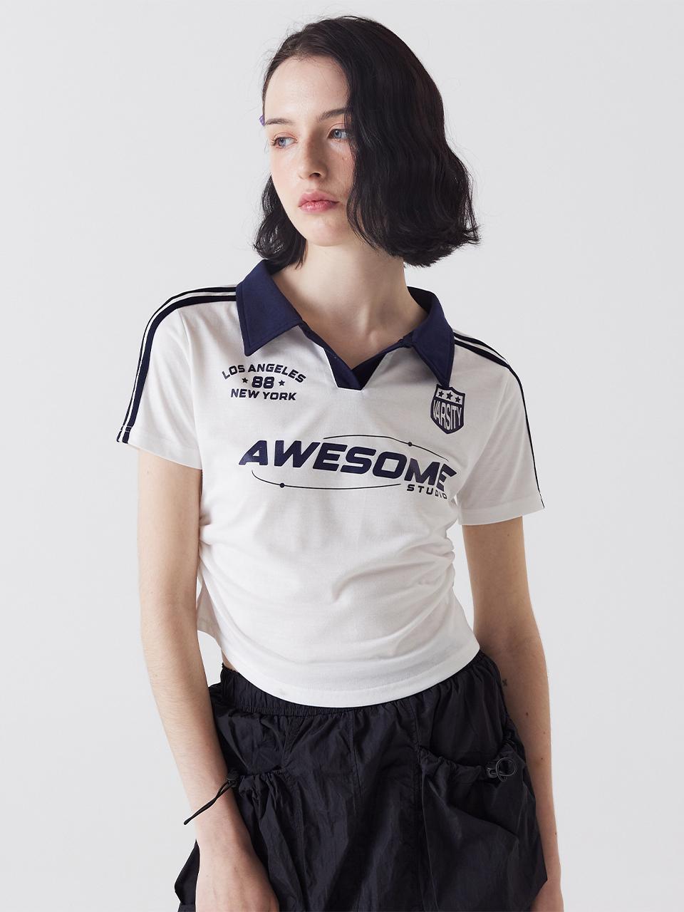 Awesomestudio Half Sleeve line contrast shirring collar T-shirt