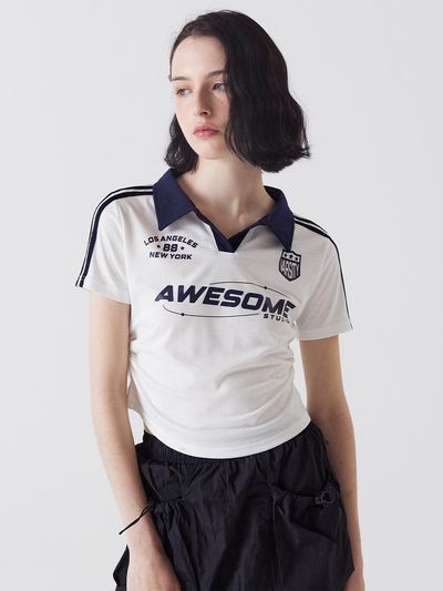 Awesomestudio Half Sleeve line contrast shirring collar T-shirt