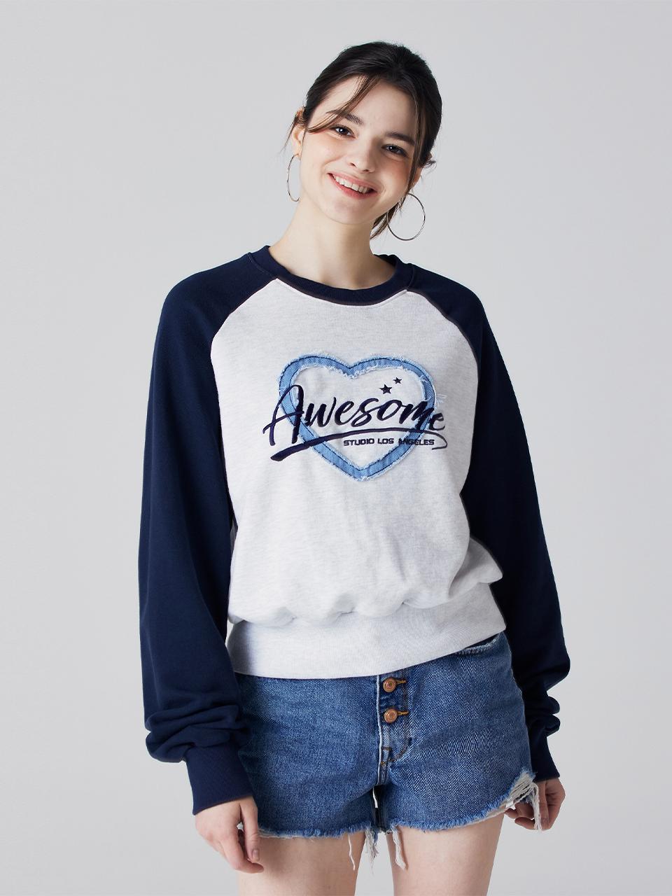 Awesomestudio Raglan denim patch sweat shirt white gray