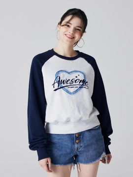 Awesomestudio Raglan denim patch sweat shirt white gray