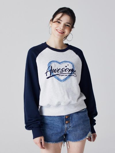 Awesomestudio Raglan denim patch sweat shirt white gray