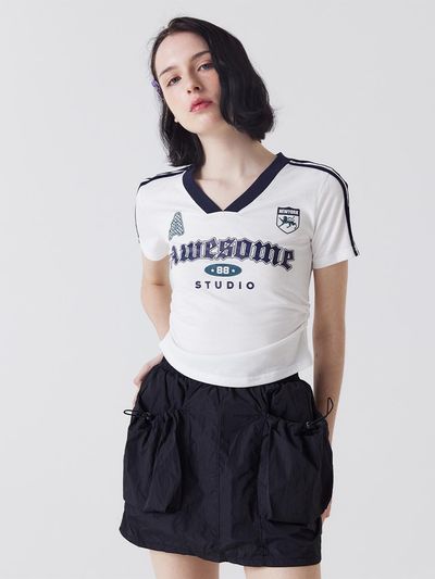 Awesomestudio Short-sleeved block core V-neck shirring T-shirt