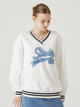 Awesomestudio V-neck denim patch sweatshirt light beige