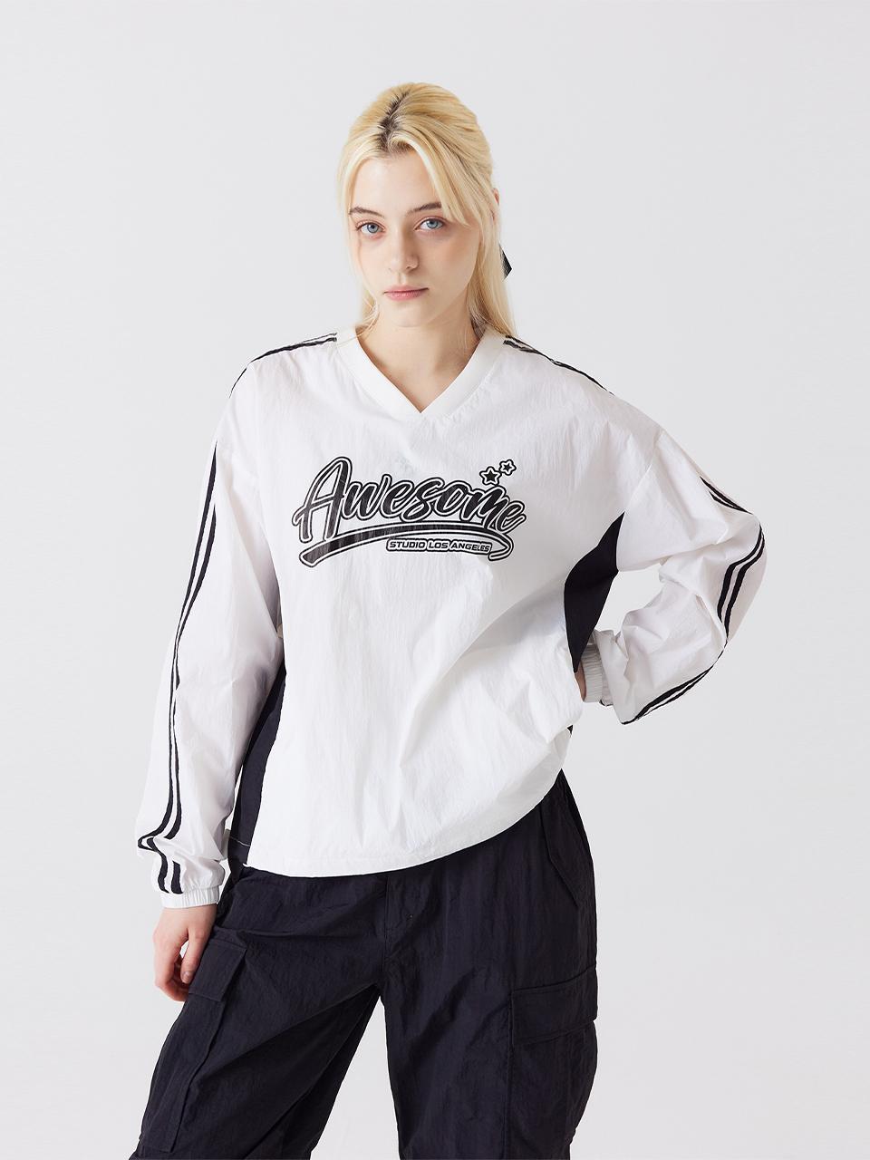 Awesomestudio V-neck Long-Sleeved Pullover Warm-Up White