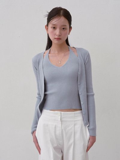 AWIT Halter Neck Ribbed Two-Piece Cardigan [Blue]