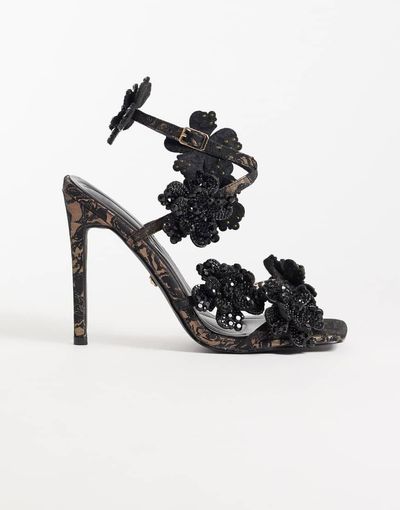 AZALEA WANG Azalea Wang Anastasia high heeled sandals with embellished flowers in bronze-Brown