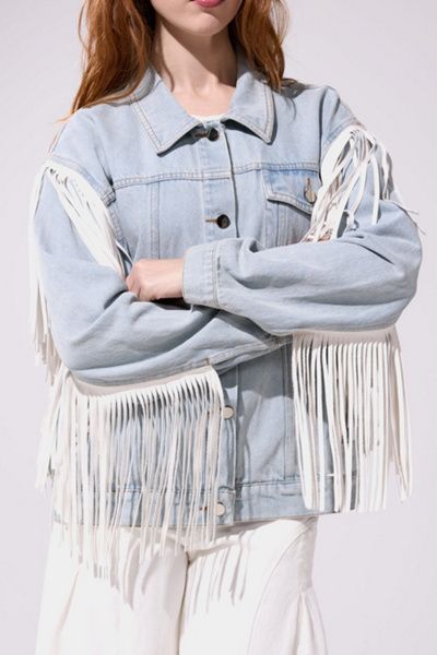Azalea Wang Azalea Wang Arla Fringe Denim Jacket in Denim, Women's at Urban Outfitters