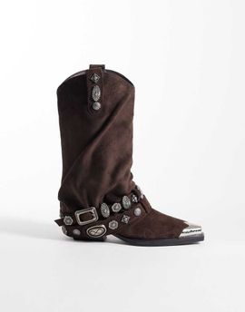 AZALEA WANG Azalea Wang Ashraf slouchy embellished western ankle boots in brown suede
