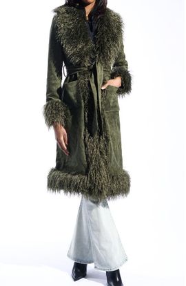 AZALEA WANG AZALEA WANG Belted Faux Suede Coat with Faux Fur Trim