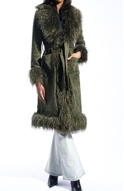 AZALEA WANG AZALEA WANG Belted Faux Suede Coat with Faux Fur Trim