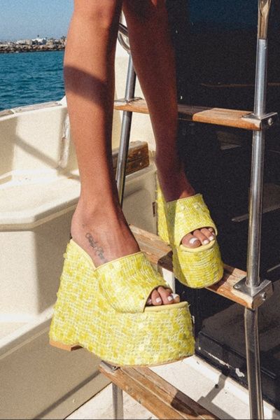 Azalea Wang Azalea Wang Betsey Platform Sequin Wedge Sandal in Yellow, Women's at Urban Outfitters
